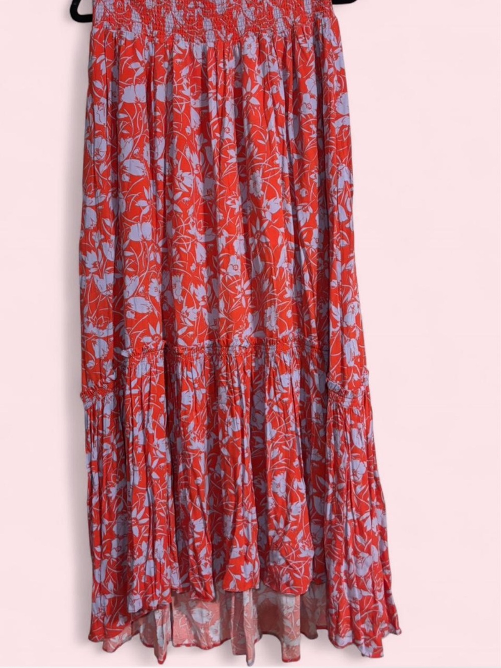 Free People Red Floral Tiered Maxi Skirt with Blue Print